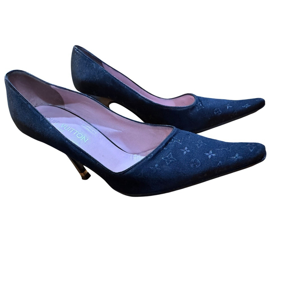 Louis Vuitton Black Monogram Mini Lin Satin Pumps in Box With COA